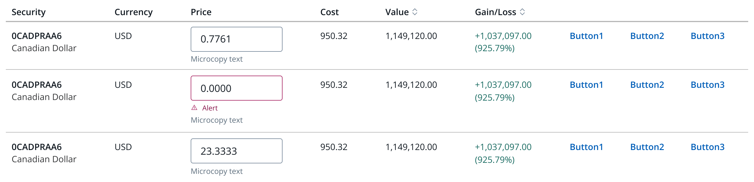 Example of a table component composed with input field subcomponents demonstrating flexible component composition