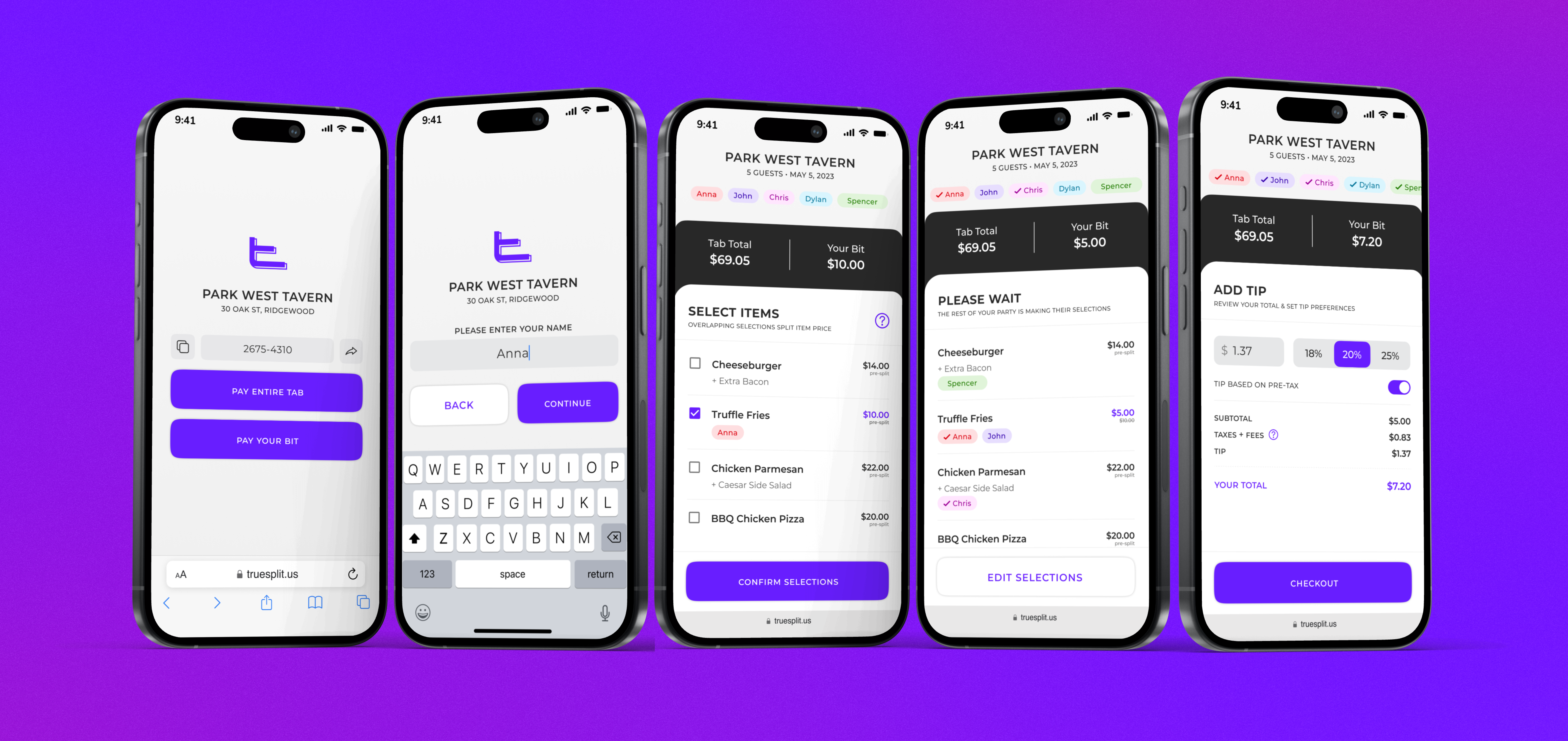 TrueSplit user interface examples showing the complete user flow from QR scan to payment